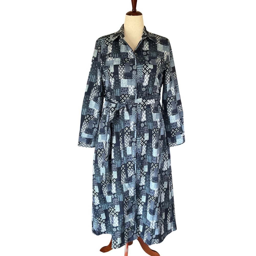 AK Collection by Yal Shirt Dress XL Blue Patchwork Maxi Button Front Boho Belted